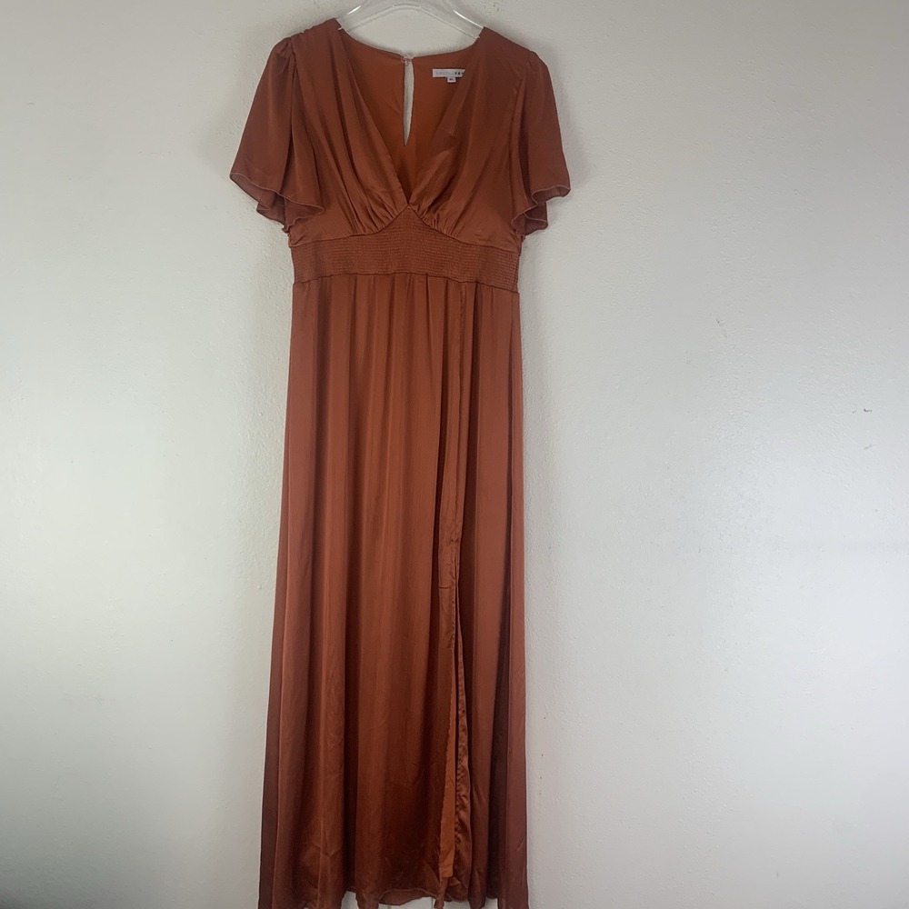 Baltic‎ Born Prague Maxi Dress Womens XL Rust Babydoll Flutter Sleeve Slit